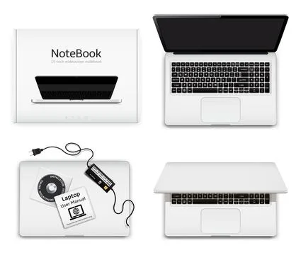 New notebook computer and cardboard box top view Stock Illustration