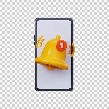 New notification on smartphone, 3D yellow notification bell on smartphone Stock Illustration