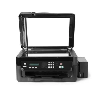 New open multifunction printer isolated on white Fotos de archivo