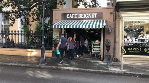 New Orleans Cafe Beignet Exterior Tilt Down Stock Footage
