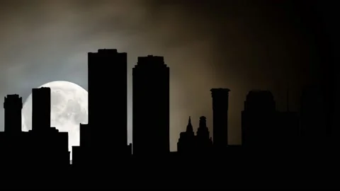 New Orleans by Night, Time Lapse with Full Moon and silhouette of Metropolis Stock Footage 135824566