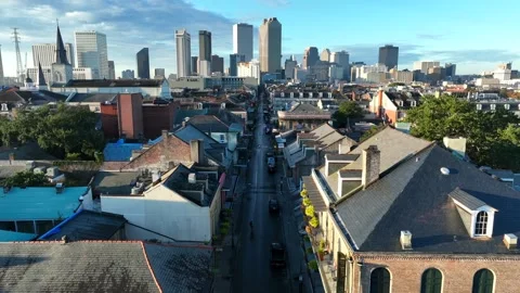 New Orleans skyline. Aerial pullback reveal from French Quarter and Stock Footage 224430842