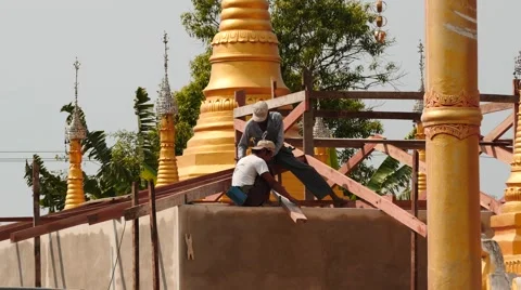 New Pagoda building closeup process in Myanmar village Video stock 61327803
