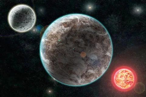 New planetary system, abstract cosmic background with planets and stars Illustrazione stock