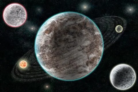 New planetary system, abstract cosmic background with planets and stars Illustrazione stock