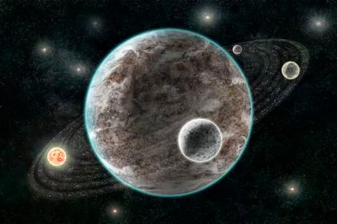 New planetary system, abstract cosmic background with planets and stars Illustrazione stock