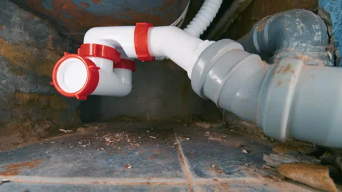 New Plastic Siphon Pipe Installed Under Bathtub — Wide-Angle Close-Up View Stock Footage 334132304