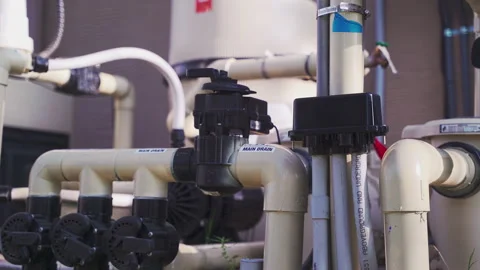 New Pool Pump Equipment Installation - Modern Energy Efficient Pool System Stock Footage 311655102