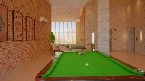 New Pool table game in club house Stock Footage 295919668