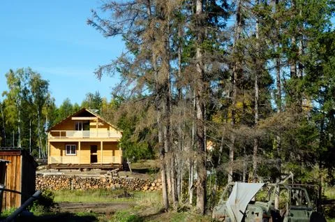 A new private cottage of yellow pine logs stands among spruce forests and fir Stock-Fotos