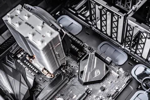 New processor Ryzen 7 2700X and computer motherboard Asus rog crosshair vii hero Stock Photos