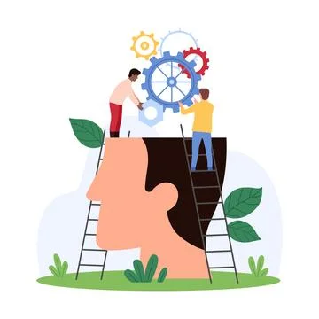 New product and smart solution implementation, tiny people put gears inside Stock Illustration