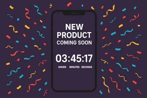 New product coming soon countdown timer on smartphone screen with confetti Stock Illustration