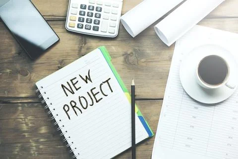 New Project text on notepad and stationary Foto stock