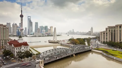 New Pudong skyline, Waibaidu (Garden) Bridge, Shanghai - T/Lapse Stock Footage