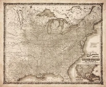 New Railroad And County Map Of The United States The Canadas 1860 Map Stock Illustration