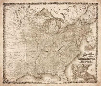 New Railroad And County Map Of The United States And The Canadas 1862 Map Stock Illustration