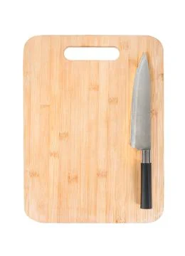 New rectangular wooden bamboo cutting board and kitchen knife isolated on whi 스톡 사진