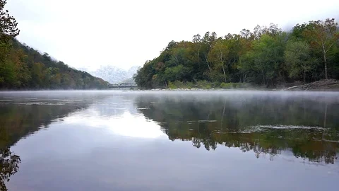 New River Gorge river during autumn by Grandview morning, mist, fog Stock Footage 92762160