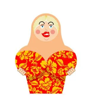New Russian matrioshka with silicone big breast and large lips. Contemporar.. Illustrazione stock