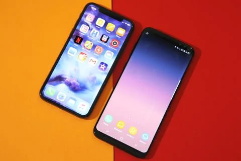 New Samsung S8 plus an Iphone X comparasion Stock Photos