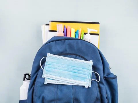 New school set including face mask, sanitizer Stock Photos