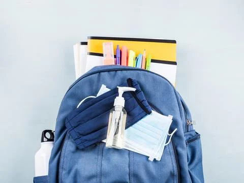 New school set including face mask, sanitizer Stock Photos