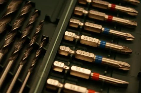 New set of drill bits and bits, close-up Stock Photos