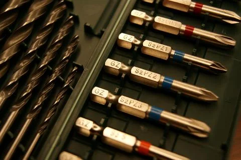 New set of drill bits and pz bits, close-up Stock Photos