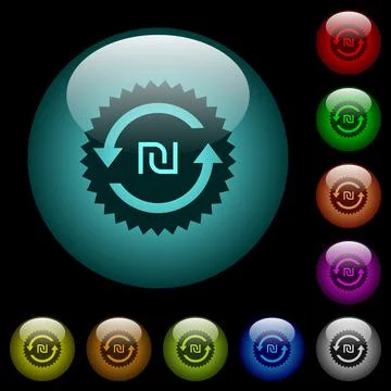 New Shekel pay back guarantee sticker icons in color illuminated glass button Stock Illustration