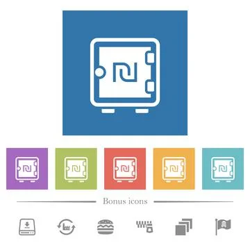 New Shekel strong box flat white icons in square backgrounds Stock Illustration