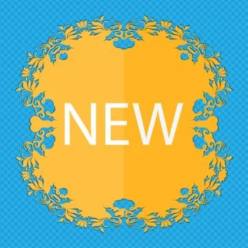 New sign icon. arrival button symbol. Floral flat design on a blue abstract back Stock Illustration