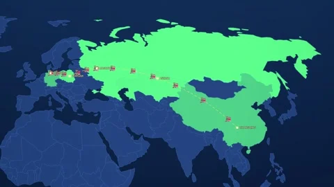 New Silk Road Freight Trains on Corporate Map Stock Footage 341827757
