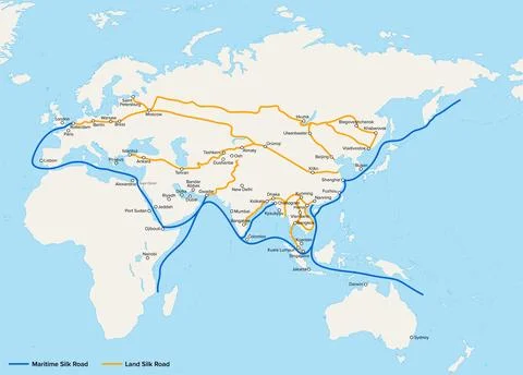 New Silk Road, map of the Belt and Road Initiative Stock Illustration