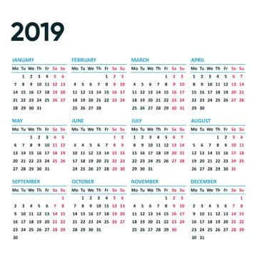 New simple vector 2019 calendar weeks from monday Stockillustratie