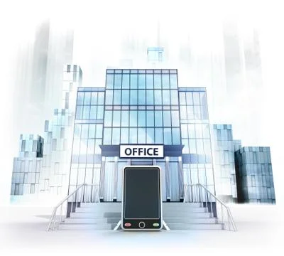 New smart phone in front of office building as business city concept render Ilustración de archivo
