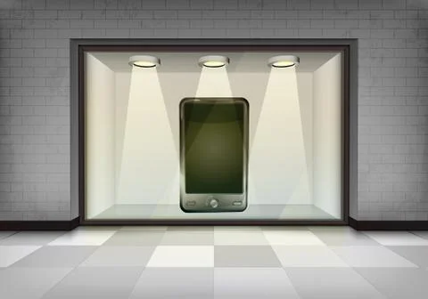 New smart phone in illuminated storefront vitrine Stock Illustration