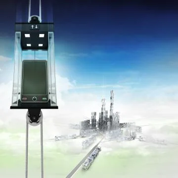 New smart phone in sky space elevator concept above city illustration イラスト素材