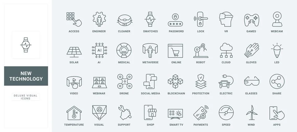 New smart technology of future line icons set, robot and drone, cloud data Stock Illustration