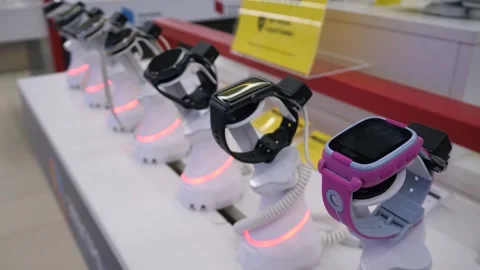New smart watches of different models and types on the shop window. Stock Footage 311540793