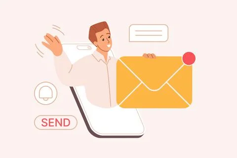 New SMS or email notification, man on mobile phone screen holding big envelope Stock Illustration