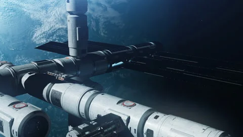 A new space station in space orbiting the Earth. a concept on the theme of sp Stock Footage 219808721