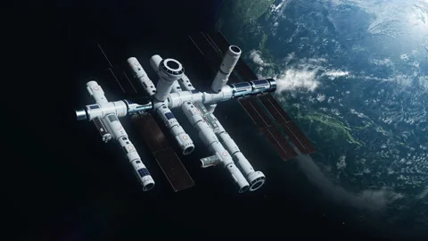 A new space station in space orbiting the Earth. a concept on the theme of sp Stock Footage 219808867
