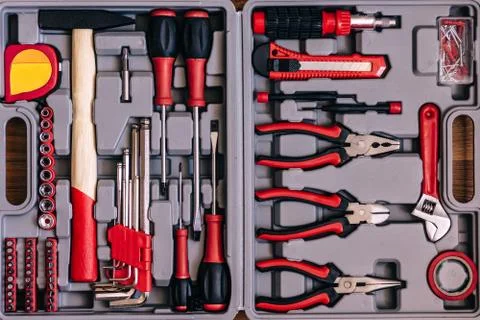 New square black tool box with red tools. top view. Stock Photos