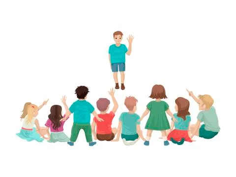 New student is standing in front of the class. Meet the group. New boy. Vector Stock Illustration