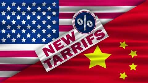 New tariffs sign on waving usa and China flag Stock Footage 310852370