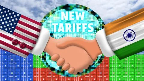 New tariffs word, digital globe, container background, sky and handshake wi.. Illustrazione stock