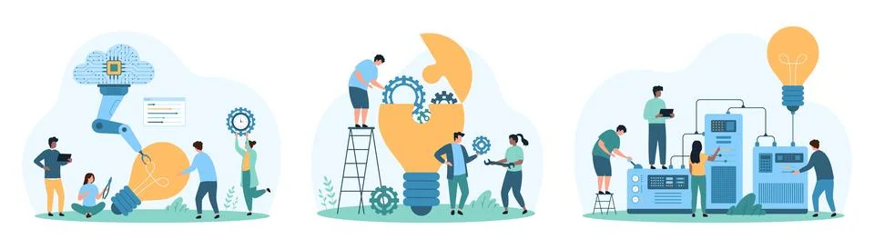 New tech solution, innovation development and optimization by tiny people and Stock Illustration
