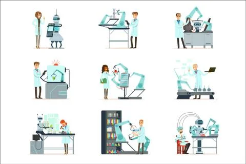 New technologies, artificial intelligence set, scientists working in the 스톡 일러스트
