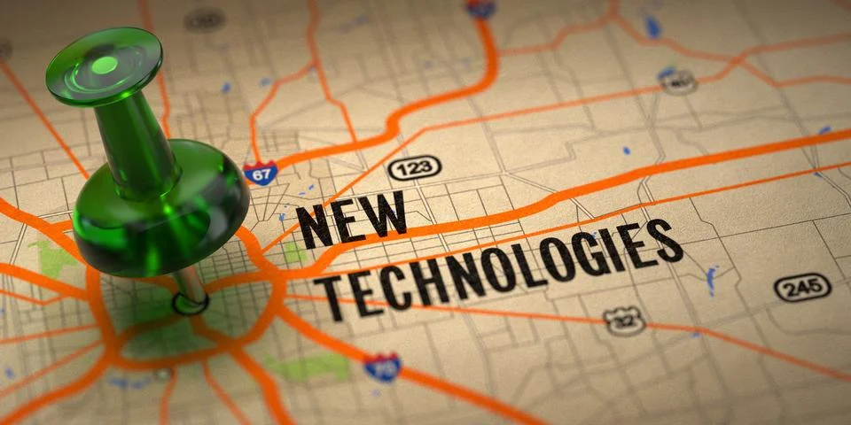 New Technologies - Green Pushpin on a Map Background. Stock Illustration
